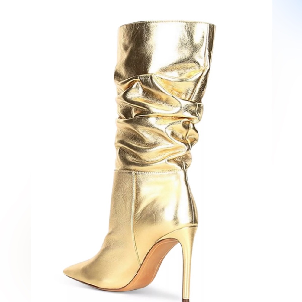 DKNY Maliza Leather Gold Slouch Pointed Toe Mid Boots - Picture 2 of 6